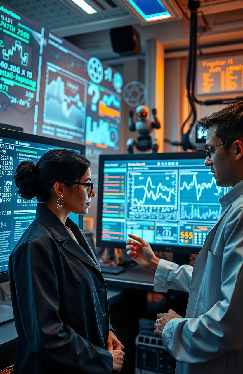 A high-tech laboratory setting with scientists analyzing data on large screens, utilizing predictive modeling and machine learning algorithms