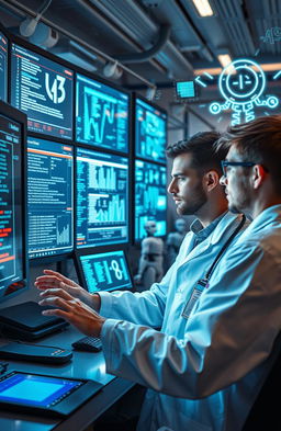 A high-tech laboratory setting with scientists analyzing data on large screens, utilizing predictive modeling and machine learning algorithms