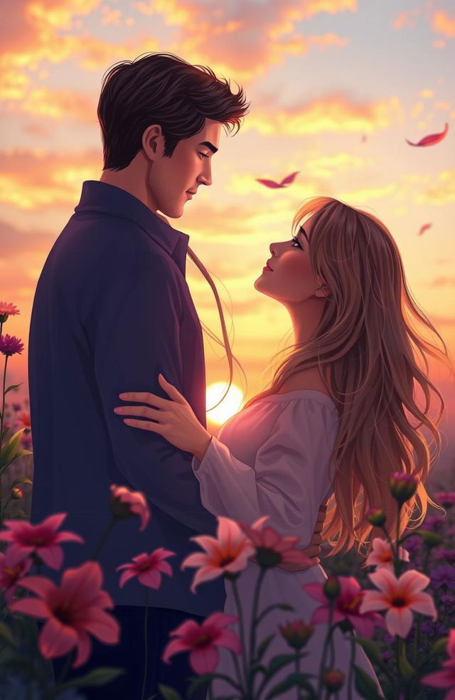 A romantic scene depicting an intimate moment between a couple in a beautiful sunset setting