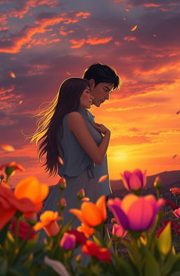 A romantic scene depicting an intimate moment between a couple in a beautiful sunset setting