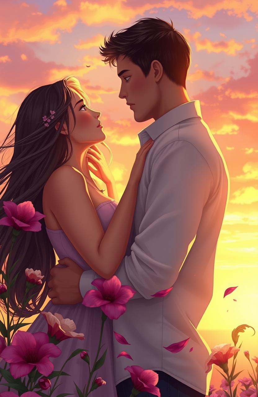 A romantic scene depicting an intimate moment between a couple in a beautiful sunset setting