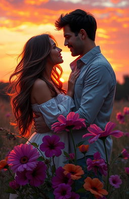 A romantic scene depicting an intimate moment between a couple in a beautiful sunset setting
