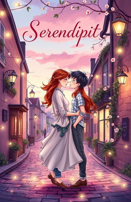 An enchanting illustrated book cover for a romance novel titled 'Serendipity'