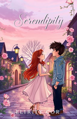 An enchanting illustrated book cover for a romance novel titled 'Serendipity'
