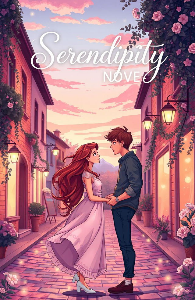 An enchanting illustrated book cover for a romance novel titled 'Serendipity'