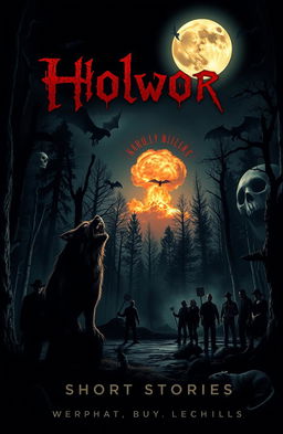 A chilling cover design for a horror-themed collection of short stories featuring a dark forest with eerie lighting effects