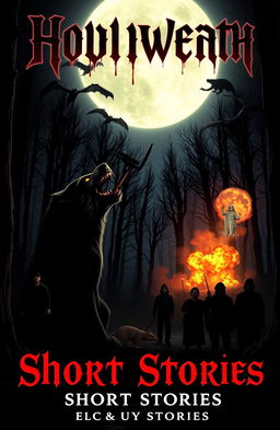A chilling cover design for a horror-themed collection of short stories featuring a dark forest with eerie lighting effects