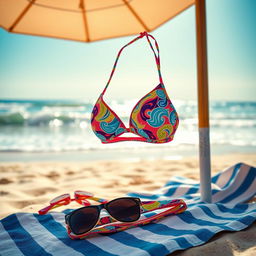 A stylish bikini set displayed on a sandy beach, with colorful patterns and vibrant colors