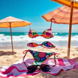 A stylish bikini set displayed on a sandy beach, with colorful patterns and vibrant colors