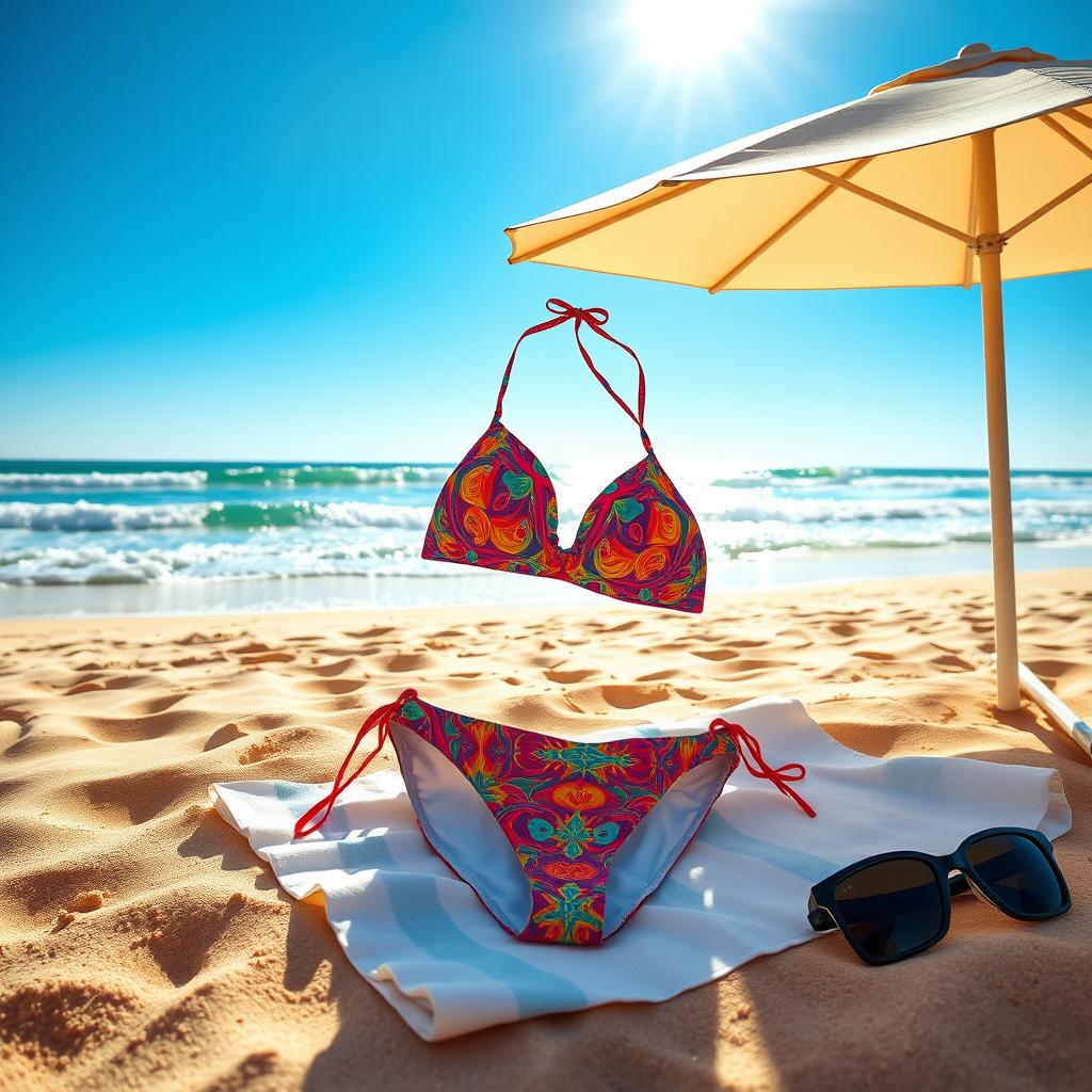 A stylish bikini set displayed on a sandy beach, with colorful patterns and vibrant colors