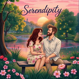 A captivating illustrated book cover for a romance novel, showcasing a magical twilight setting