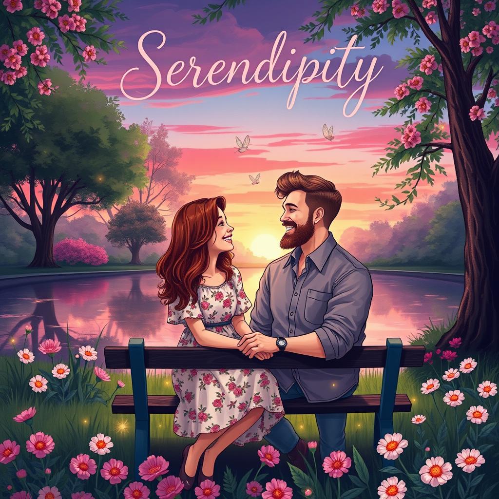 A captivating illustrated book cover for a romance novel, showcasing a magical twilight setting