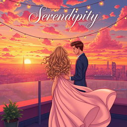 A mesmerizing illustrated book cover for a romance novel titled 'Serendipity'