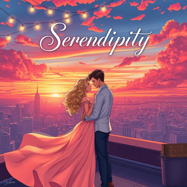 A mesmerizing illustrated book cover for a romance novel titled 'Serendipity'