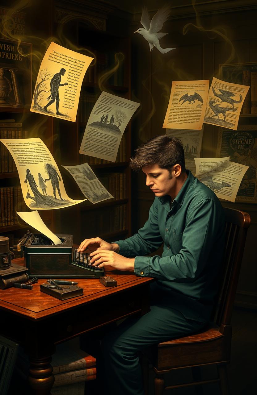 A focused male writer sitting at a vintage wooden desk, typing on a classic typewriter, surrounded by floating glowing pages of his short stories