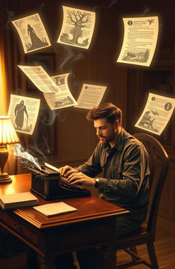 A focused male writer sitting at a vintage wooden desk, typing on a classic typewriter, surrounded by floating glowing pages of his short stories