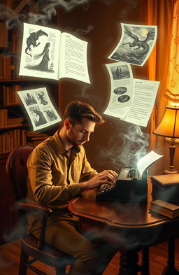 A focused male writer sitting at a vintage wooden desk, typing on a classic typewriter, surrounded by floating glowing pages of his short stories