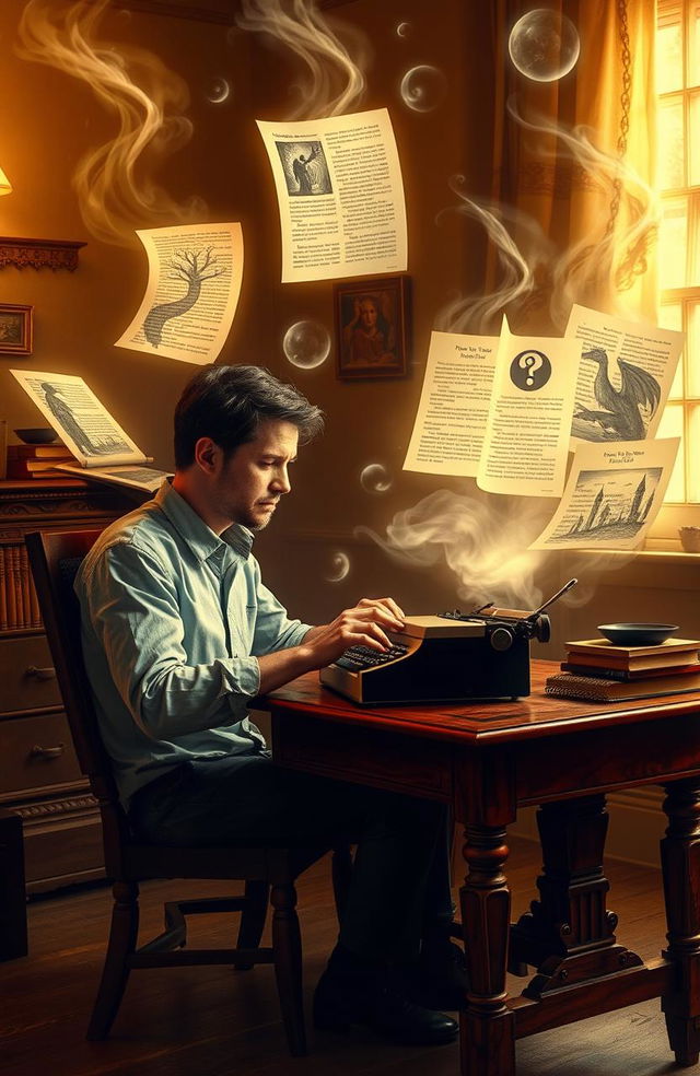 A focused male writer sitting at a vintage wooden desk, typing on a classic typewriter, surrounded by floating glowing pages of his short stories