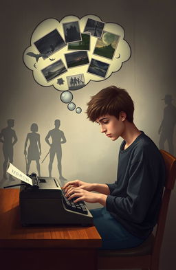 A teenage boy, around fifteen years old, deeply focused on typing on an old typewriter