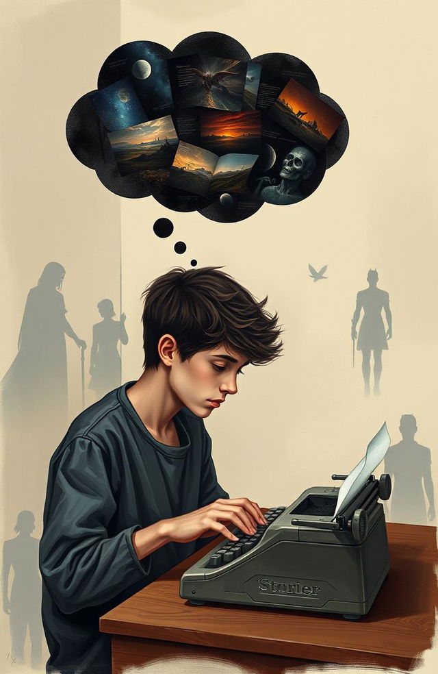 A teenage boy, around fifteen years old, deeply focused on typing on an old typewriter