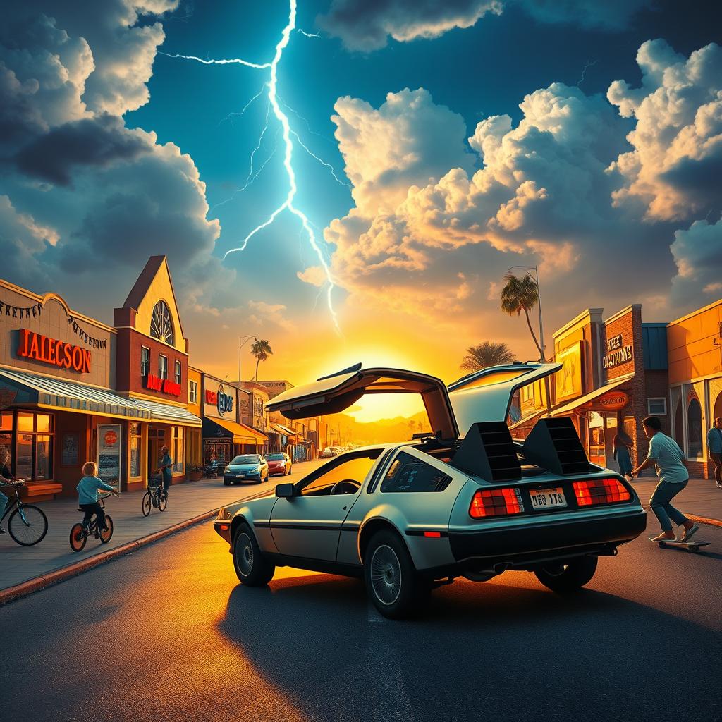 A nostalgic and vibrant scene depicting a classic 1980s American town square with retro shops, colorful vintage cars parked along the curb, and kids riding bikes