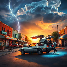 A nostalgic and vibrant scene depicting a classic 1980s American town square with retro shops, colorful vintage cars parked along the curb, and kids riding bikes