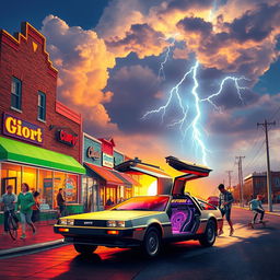 A nostalgic and vibrant scene depicting a classic 1980s American town square with retro shops, colorful vintage cars parked along the curb, and kids riding bikes