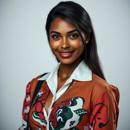 A 29-year-old Spanish woman with dark skin, long dark hair, and expressive eyes, showcasing her charismatic personality