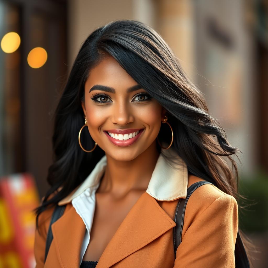 A 29-year-old Spanish woman with dark skin, long dark hair, and expressive eyes, showcasing her charismatic personality