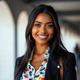 A 29-year-old Spanish woman with dark skin, long dark hair, and expressive eyes, showcasing her charismatic personality
