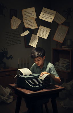 A teenage boy, around fifteen years old, sits at an old-fashioned typewriter, immersed in his writing