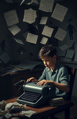 A teenage boy, around fifteen years old, sits at an old-fashioned typewriter, immersed in his writing