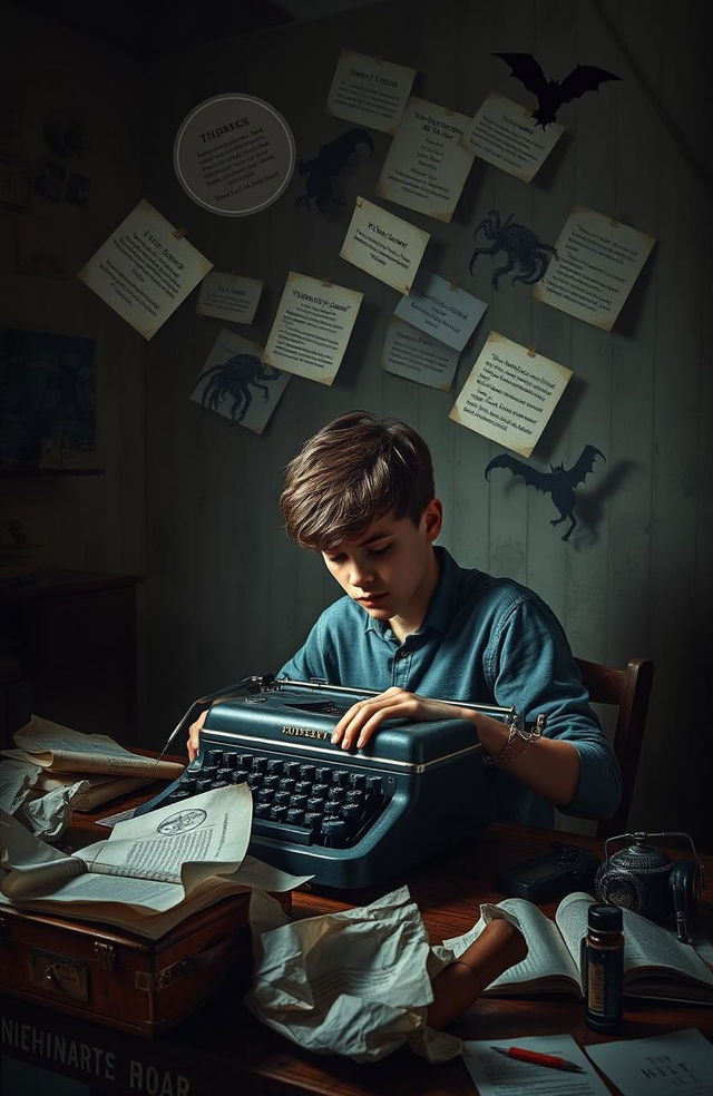 A teenage boy, around fifteen years old, sits at an old-fashioned typewriter, immersed in his writing