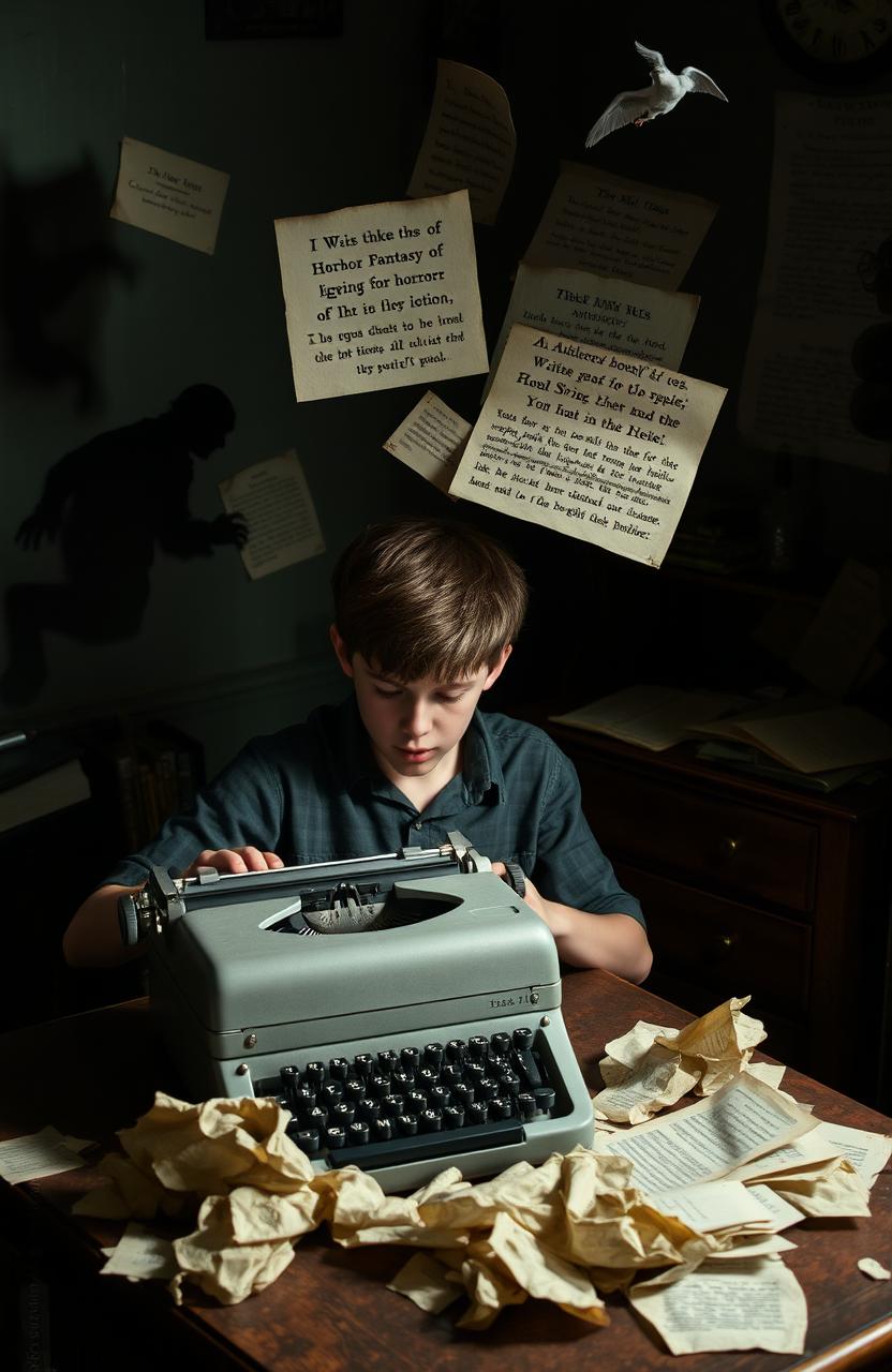 A teenage boy, around fifteen years old, sits at an old-fashioned typewriter, immersed in his writing