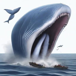 A colossal sea creature, the largest in the world, devouring the world's biggest blue whale.