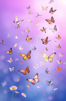 A vibrant scene featuring a beautiful array of butterflies fluttering gracefully through the air, set against a mesmerizing purple and blue gradient background