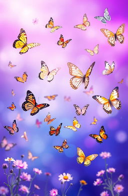 A vibrant scene featuring a beautiful array of butterflies fluttering gracefully through the air, set against a mesmerizing purple and blue gradient background