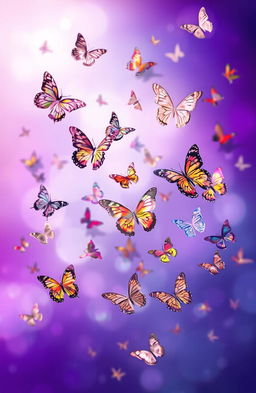 A vibrant scene featuring a beautiful array of butterflies fluttering gracefully through the air, set against a mesmerizing purple and blue gradient background