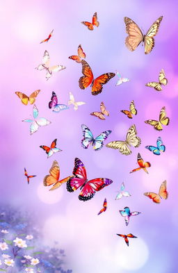 A vibrant scene featuring a beautiful array of butterflies fluttering gracefully through the air, set against a mesmerizing purple and blue gradient background