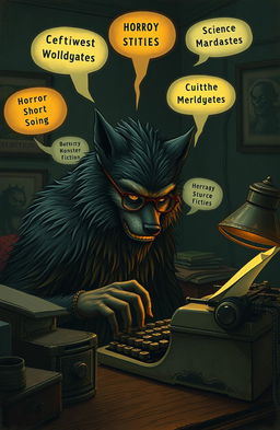 A wolfman intensely focused on typing at a vintage typewriter, surrounded by an atmosphere of creativity and mystery