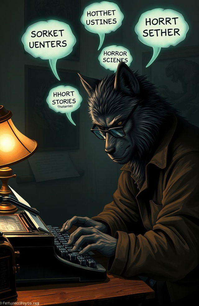 A wolfman intensely focused on typing at a vintage typewriter, surrounded by an atmosphere of creativity and mystery