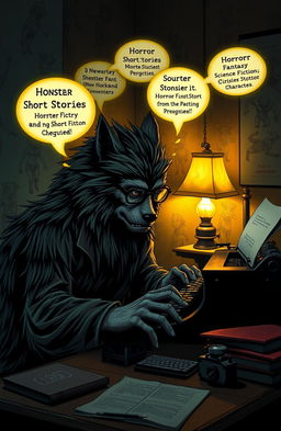 A wolfman intensely focused on typing at a vintage typewriter, surrounded by an atmosphere of creativity and mystery