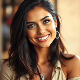 A 29-year-old Spanish woman with tanned skin, dark hair, and expressive eyes, showcasing a charismatic demeanor