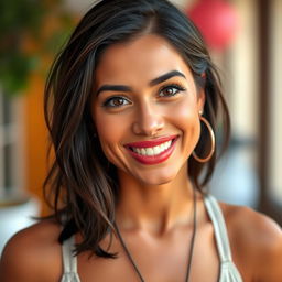A 29-year-old Spanish woman with tanned skin, dark hair, and expressive eyes, showcasing a charismatic demeanor