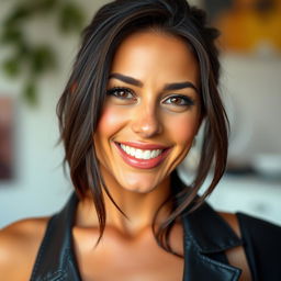 A 29-year-old Spanish woman with tanned skin, dark hair, and expressive eyes, showcasing a charismatic demeanor