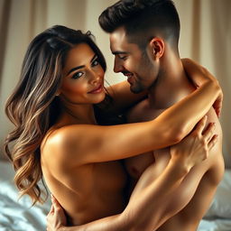 A passionate scene of intimacy between a beautiful woman and a handsome man, captured in an artful and sensual way