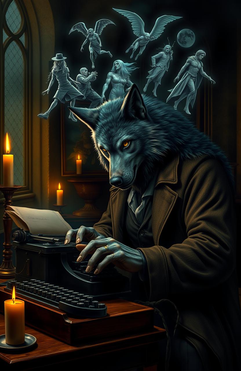 A majestic wolfman, combining human and wolf features, intensely focused while typing on a classic typewriter