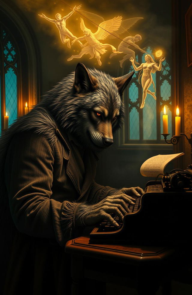 A majestic wolfman, combining human and wolf features, intensely focused while typing on a classic typewriter