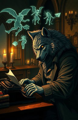 A majestic wolfman, combining human and wolf features, intensely focused while typing on a classic typewriter