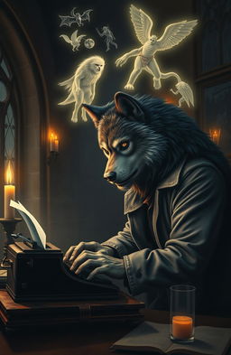 A majestic wolfman, combining human and wolf features, intensely focused while typing on a classic typewriter
